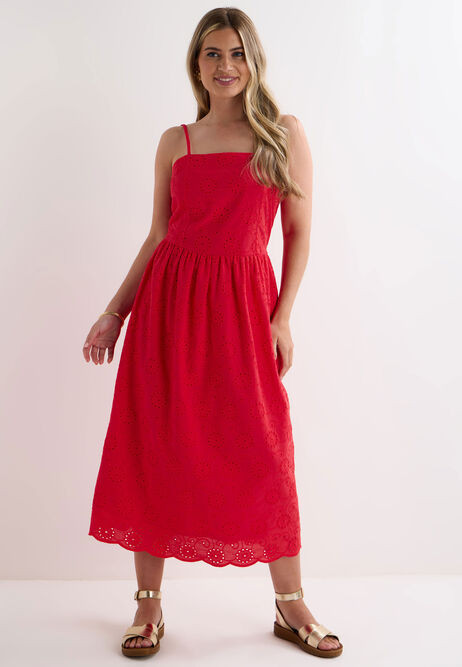 Womens Red Broderie Cotton Strappy Dress | Peacocks