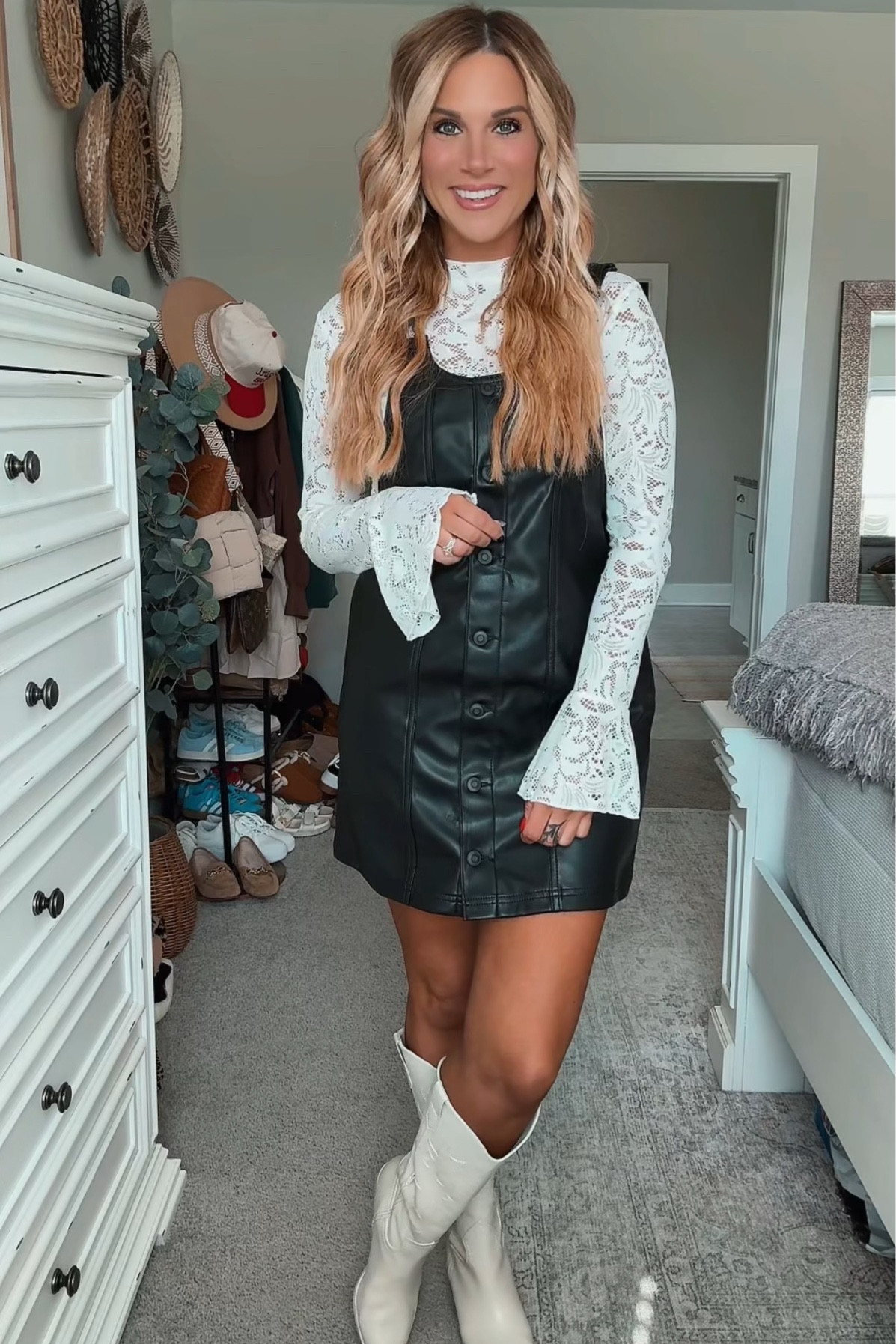 This was my absolute favorite outfit from my most recent Walmart haul! This black faux leather jumper skirt is paired with a Jessica Simpson lace bell sleeve undershirt with a slight mockneck. Finished off the date night look with my absolute favorite cowboy boots from Walmart. This style is all the rage this fall, and it's good quality and affordable!

#LTKStyleTip #LTKSeasonal