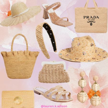 Natural and raffia finds. Straw hat. Natural ruffle bag. Raffia earrings. Prada summer tote. Neutral shoes. Neutral heels. Neutral finds. Raffia clutch. Raffia natural headband. Tuckernuck. Lisi Lerch. Shopbop

#LTKstyletip #LTKtravel #LTKSeasonal