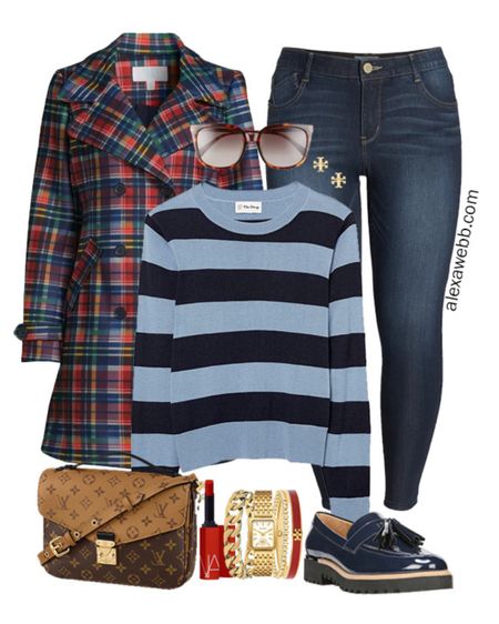 Plus size plaid coat outfit with a #plussize  plaid coat, rugby striped sweater from Amazon, skinny jeans, and navy patent loafers with lug soles. So trendy! Walmart plus size, Amazon sweater, Louis Vuitton bag, Alexa Webb 

#LTKcurves #LTKshoecrush #LTKSeasonal
