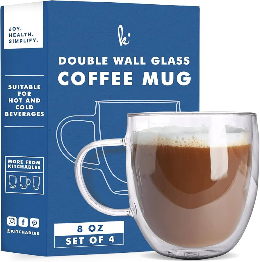 Kitchables Double Wall Glass Coffee Mugs Set of 4, 8oz with Handle Insulated Glass Coffee Mug wit... | Amazon (US)