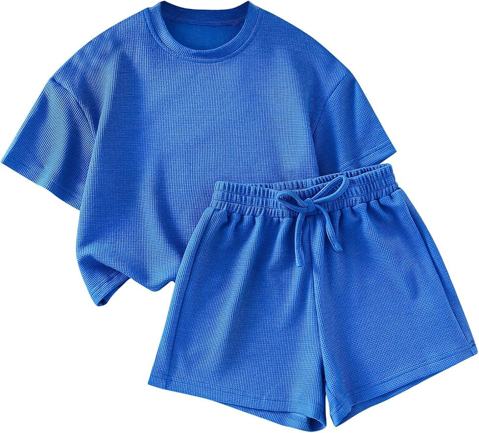 Girls 2 Piece Outfits Short Sleeve Waffle Knit T-Shirt and Shorts Active Outfit | Amazon (US)