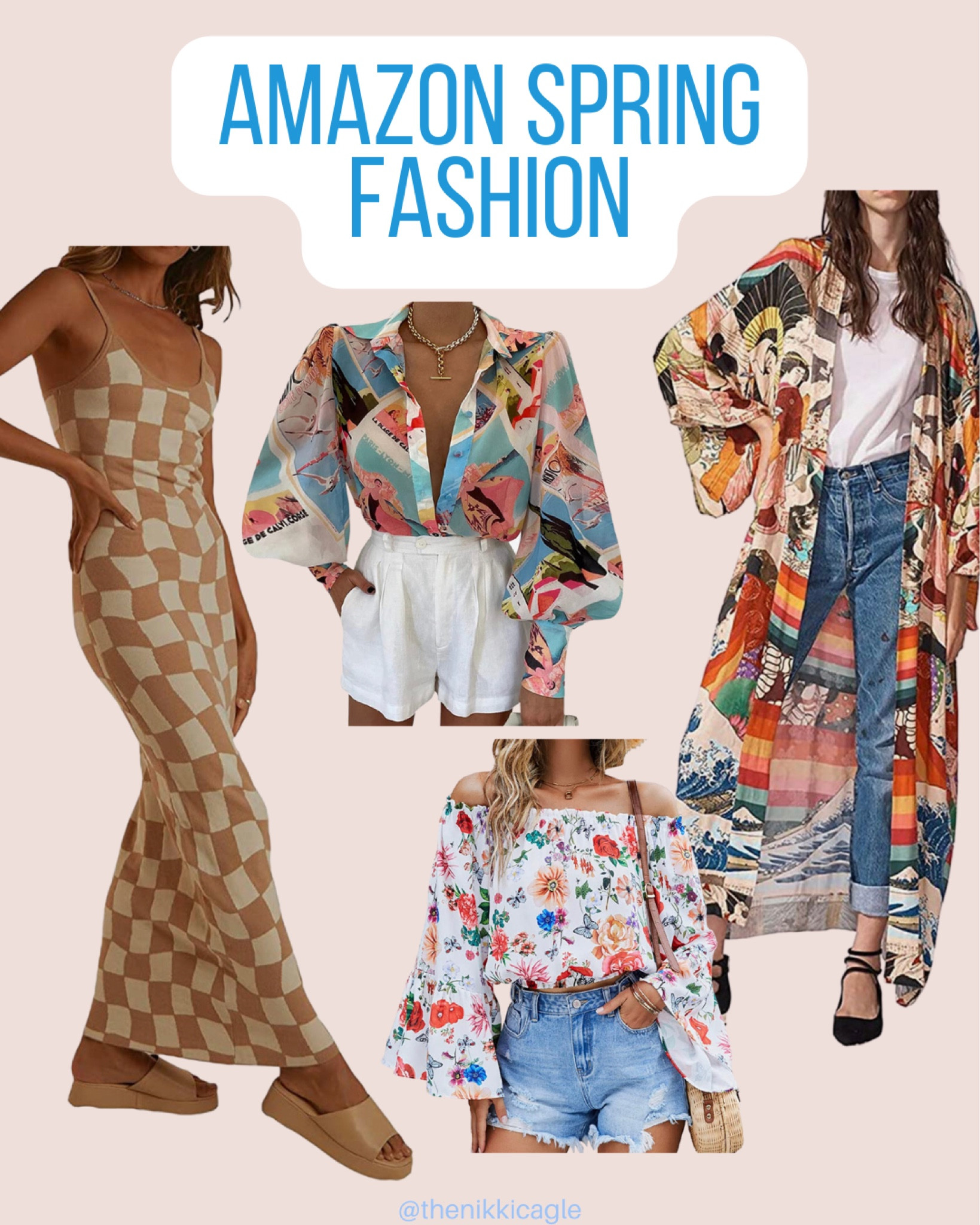 Kimono: One size fits all (I’m usually a medium and it’s def oversized but just what I wanted!)
Button-up shirt: Medium; more oversized than I expected - I suggest sizing down
Off-the-shoulder shirt: Medium; pretty roomy, I would size down if you want less fabric and more of a crop-too
Dress: Medium; Fits perfect in the body and in length, but a little big in the bust. SO stretchy, so you can try sizing down if you want something super form-fitting.

Amazon spring fashion finds. Boho vibes. Bright spring fashion. Bodycon dress. Kimono. Duster. Workwear. Puffy sleeves. Summer fashion. Checkered dress. Size medium.

#LTKstyletip #LTKSeasonal #LTKunder50