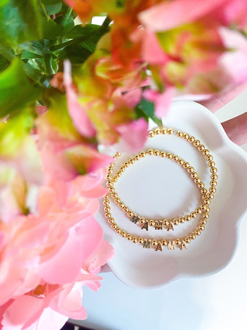 Mama Bracelet | 14k 4mm Gold Beaded "Mama" Bracelet | Mother’s Day Bracelet | Name Bracelet | C... | Etsy (US)