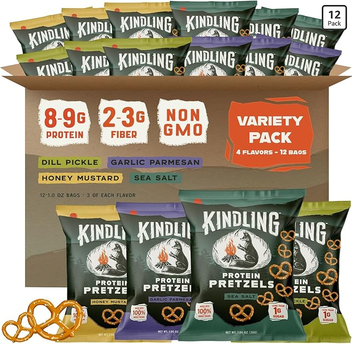 Kindling Protein Pretzels, Sea Salt, Dill Pickle, Honey Mustard, Garlic Parmesan, Kosher, 8-9 g P... | Amazon (US)