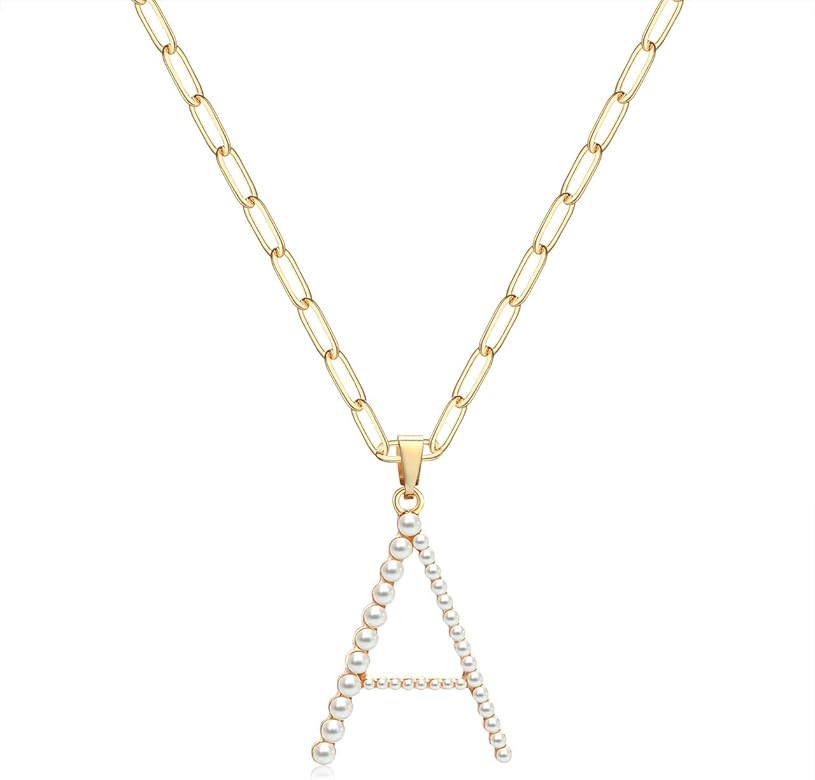 Pearl Initial Necklace Personalized 18K Gold Plated Paperclip Chain Letter Choker Necklaces for W... | Amazon (US)