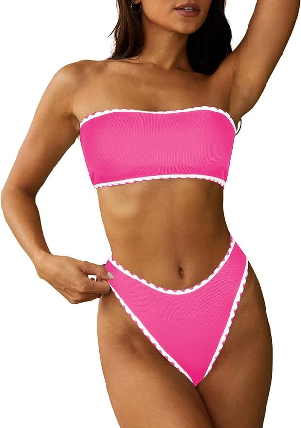 ZAFUL Women 2 Piece Bandeau Swimsuits Ribbed Lace up Strapless Bandeau Bikini Set High Cut Bathin... | Amazon (US)