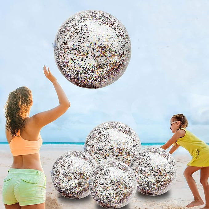 5 Pack Sequin Beach Ball Jumbo Pool Toys Balls Giant Confetti Glitter Inflatable Clear Beach Ball... | Amazon (US)