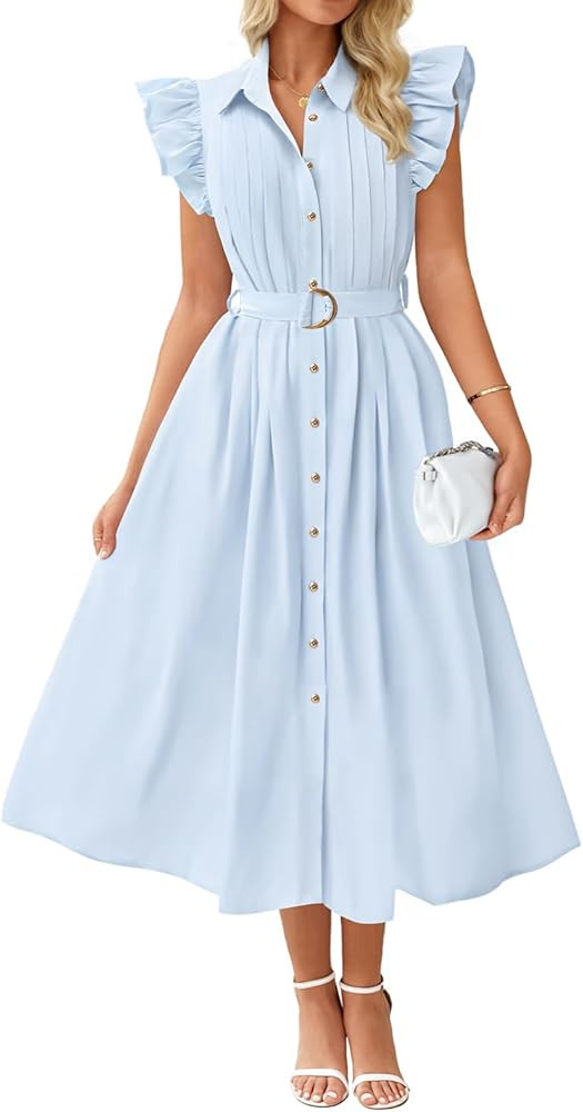 ZESICA Women's 2025 Summer Boho Button Midi Dresses Casual V Neck Flutter Sleeve Belted Long Dres... | Amazon (US)