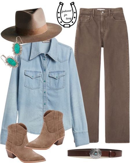 Western outfit idea. Brown jeans. Western style. Western shirt. Western booties. Cowboy boots. Turquoise earrings. Rancher hat. 

#LTKstyletip #LTKFind #LTKunder100