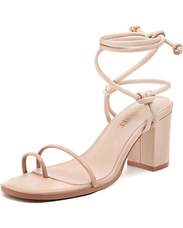TINSTREE Women's Strappy Block Heels Square Toe Lace Up Chunky Heel Sandals Dressy Shoes | Amazon (US)