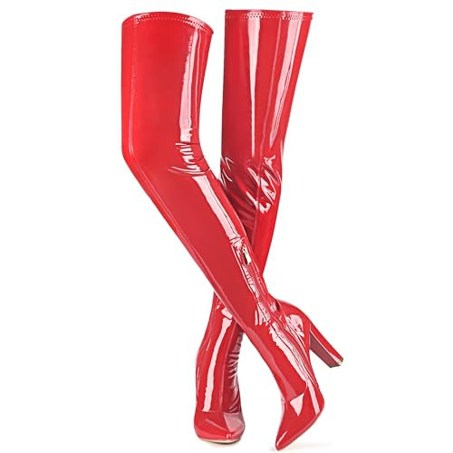 Wsheliu Red Thigh High Leather Boots Over The Knee Boots Women Side Zipper Chunky Heels Tall Boots Trendy Pointed Toe Thigh High Boots Fall Boots Size 7.5 | Amazon (US)