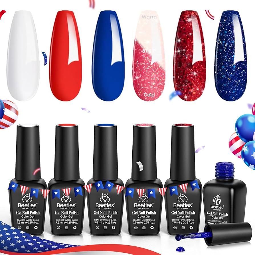 Beetles July 4th Gel Nail Polish Set - 6 Pcs Red White and Navy Blue Colors Gel Polish Royal Blue... | Amazon (US)