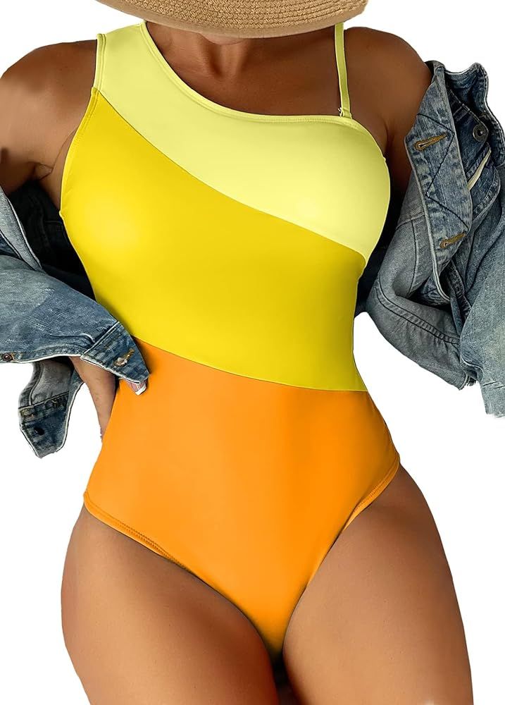 Women's Color Block One Shoulder 1 Piece Swimsuit with Removable Straps Cutout Back | Amazon (US)