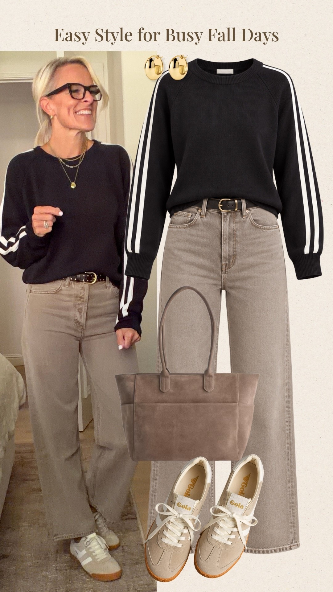 This black sweater with white side stripes is such an easy way to give a classic neutral outfit a little sporty detail. Paired with taupe wide-leg jeans and neutral sneakers, it’s comfortable and polished enough for busy fall days, errands, or casual plans.

#LTKootd #LTKOver40 #LTKSeasonal