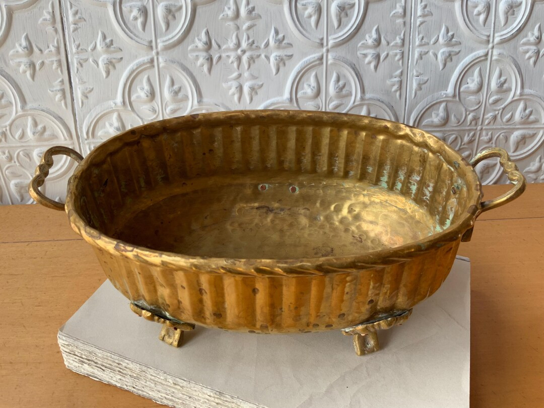 Vintage Hammered Brass Footed Planter, Bowl With Handles, Oval Collectible Patina Brass Planter, ... | Etsy (US)