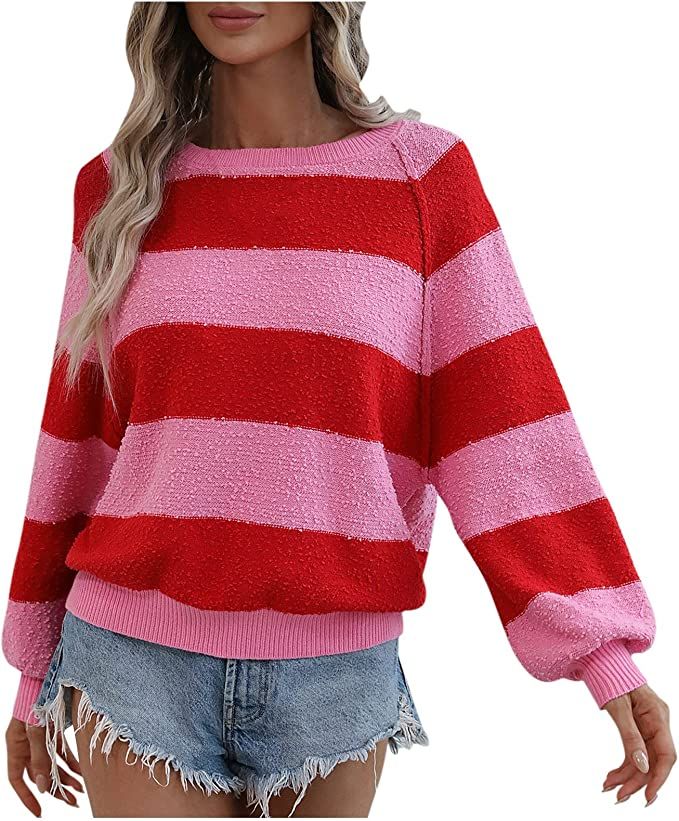 Women's Fall Clothes Autumn and Winter Splicing Knit Sweater Round Neck Long Sleeve Striped Sweat... | Amazon (US)