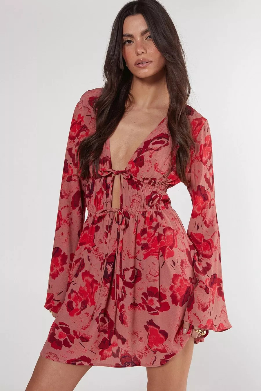Floral Ruched Tie Front Fluted Sleeve Tunic Dress | Nasty Gal US