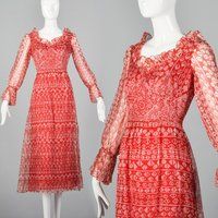 Small 1960S Oscar De La Renta Red Bohemian Print Dress Sheer Long Sleeve Ruffle Neckline 60S Vintage | Etsy (US)