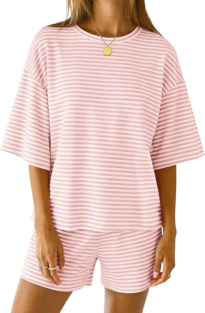 RUEWEY Women Striped Pajamas 3/4 Sleeve Crew Neck Tops and Elastic Waist Shorts Soft Lounge Set P... | Amazon (US)