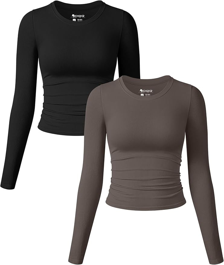 OQQ Womens 2 Piece Shirts Long Sleeve Crew Neck Ruched Stretch Basic Fitted Tee Shirts Tops | Amazon (US)