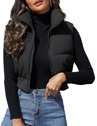 Dqbeng Womens Cropped Puffer Vest Zip Up Sleeveless Jacket Lightweight Stand Collar Quilted Winter Outerwear (Black-M) | Amazon (US)