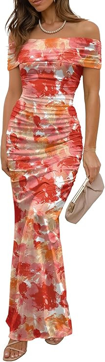 Wedding Guest Dresses for Women 2026 Floral Formal Cocktail Maxi Styles Off The Shoulder Stretch ... | Amazon (US)