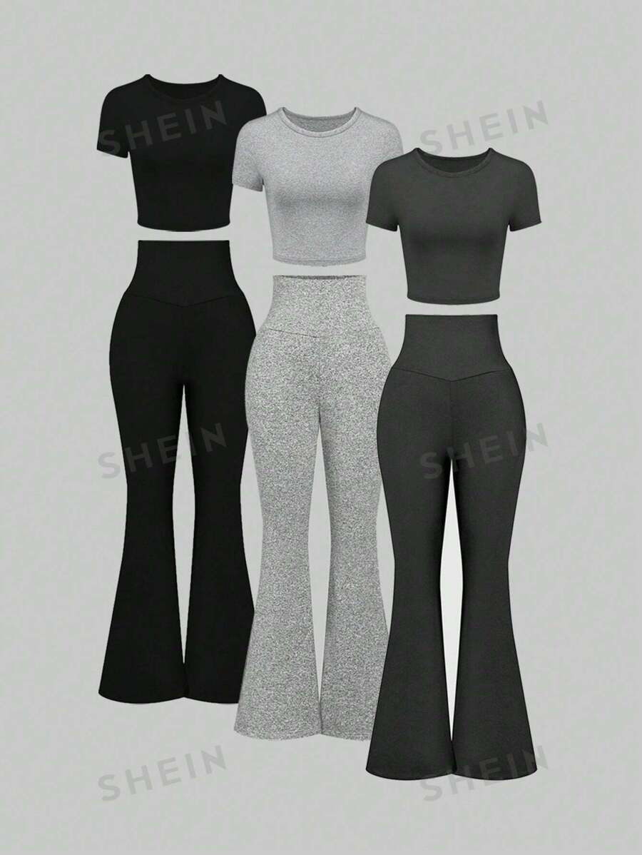 SHEIN MOOSTA 3pcs/Set Short Sleeve Round Neck T-Shirt With Adjustable Elastic Waist Fleece Flared... | SHEIN