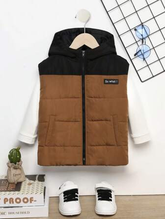 SHEIN Young Boy 1pc Slogan Patched Detail Zipper Hooded Vest Puffer Coat | SHEIN