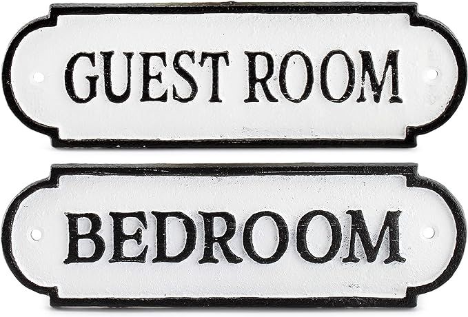 Auldhome Guest Room/Bedroom Door Signs (Set of 2), Rustic Cast Iron Room Plaques in Black and Whi... | Amazon (US)