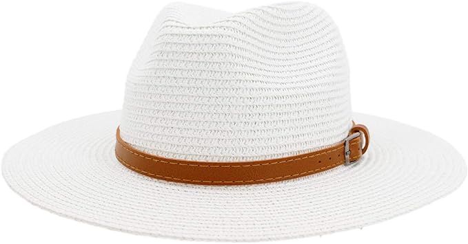 Women Wide Brim Straw Panama Belt Buckle Hat Fedora Beach Sun Hat Fine Braid UPF50+ for Both Wome... | Amazon (US)