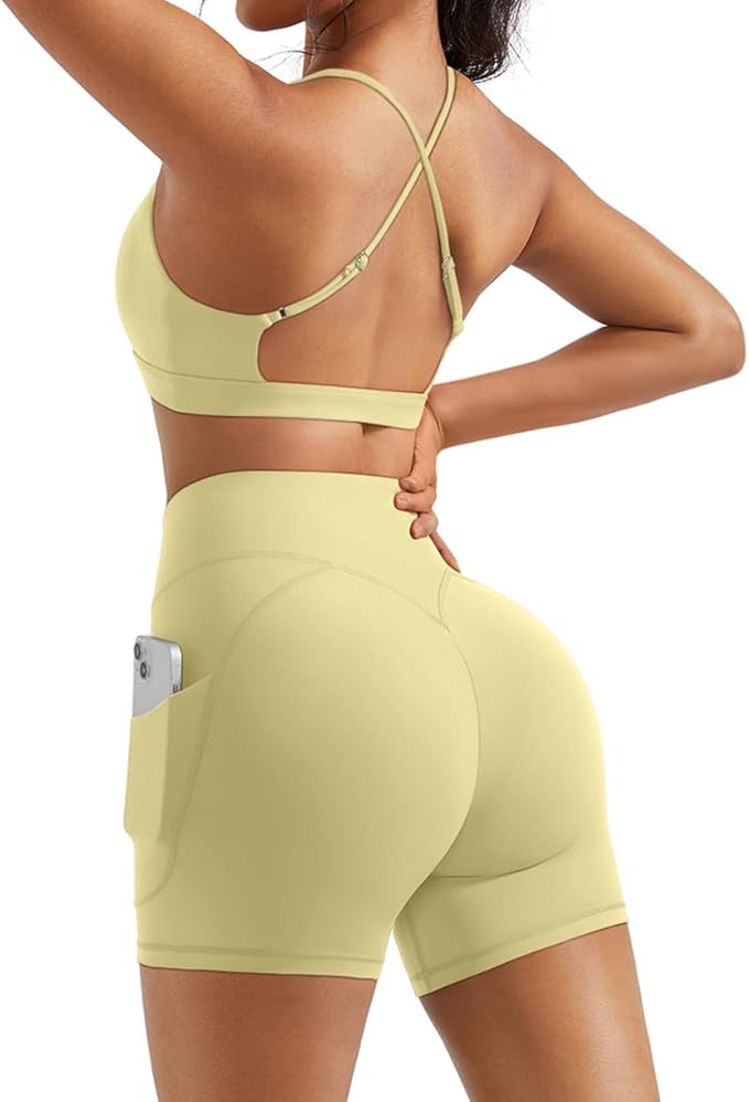 OMKAGI 2 Piece Workout Sets for Women Open Back Padded Sports Bras Booty Shorts with Pockets Gym ... | Amazon (US)