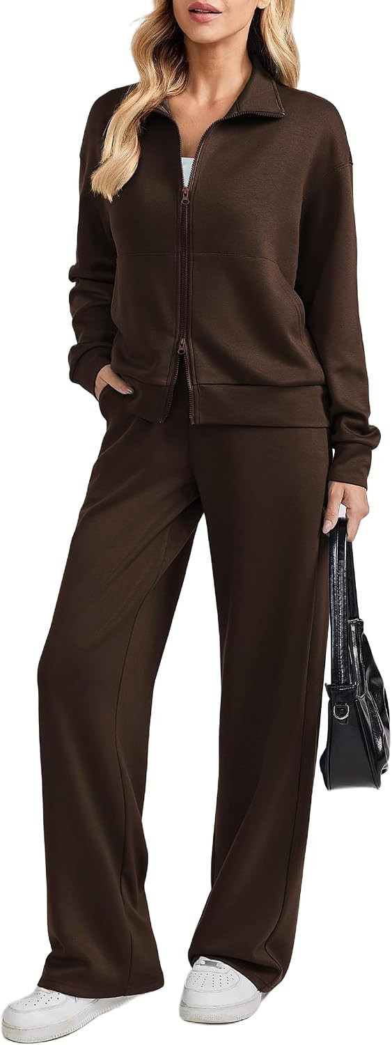 PINSPARK 2 Piece Sets for Women Two-Way Zip Top Wide Leg Pants Tracksuit | Amazon (US)