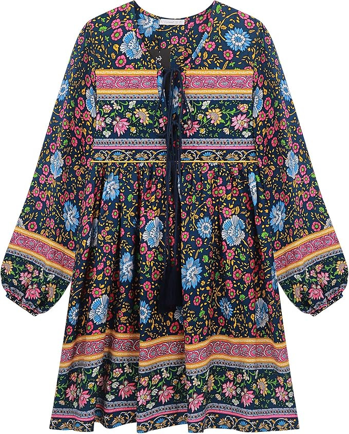 R.Vivimos Womens Long Sleeve Floral Casual Print Cotton Mini Tunic Dress | Amazon (US)