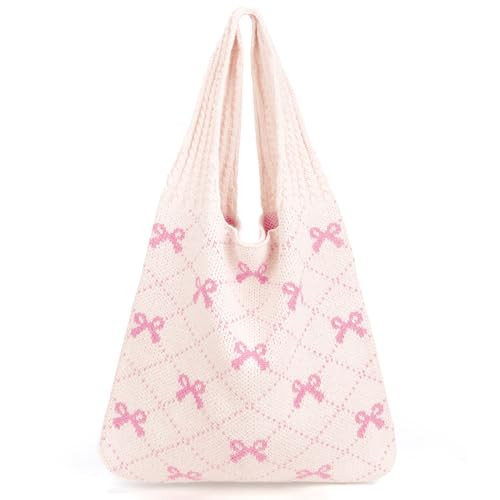 KPX Crochet Tote Bag, Beach Mesh Knitted Bag Large Aesthetic Shoulder Hobo Handbags for Women Summer (Bow Style, Pink) | Amazon (US)
