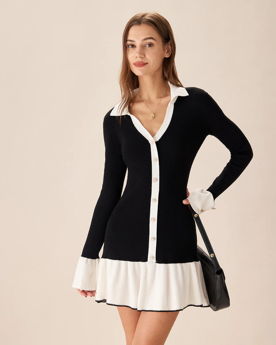 Black Contrasting Bell Sleeve Sweater Dress | rihoas.com