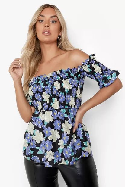 Plus Floral Shirred Bardot Top | Boohoo.com (UK & IE)