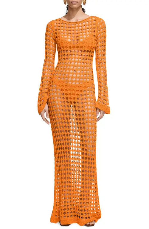 MANGO Long Sleeve Cotton Blend Open Stitch Maxi Dress in Orange at Nordstrom, Size 4 | Nordstrom