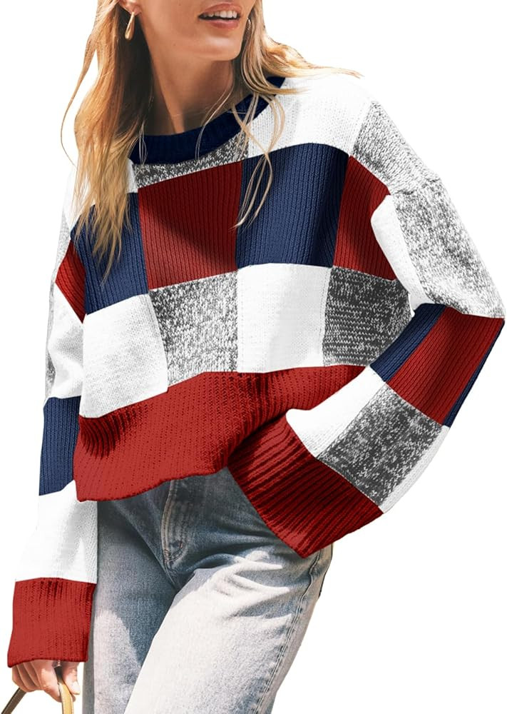 Saodimallsu Womens Checkered Sweater Cropped Oversized Trendy Fall Crew Neck Color Block Pullover... | Amazon (US)