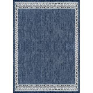 Frame Blue 5 ft. x 7 ft. Geometric Bordered Washable Indoor Outdoor Area Rug | The Home Depot