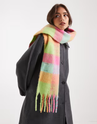 Pieces super soft tassel scarf in bright check | ASOS (Global)