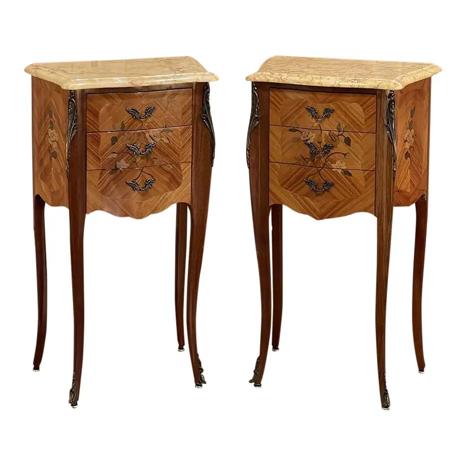 Antique French Louis XV Marquetry Marble Top Nightstands - a Pair | Chairish