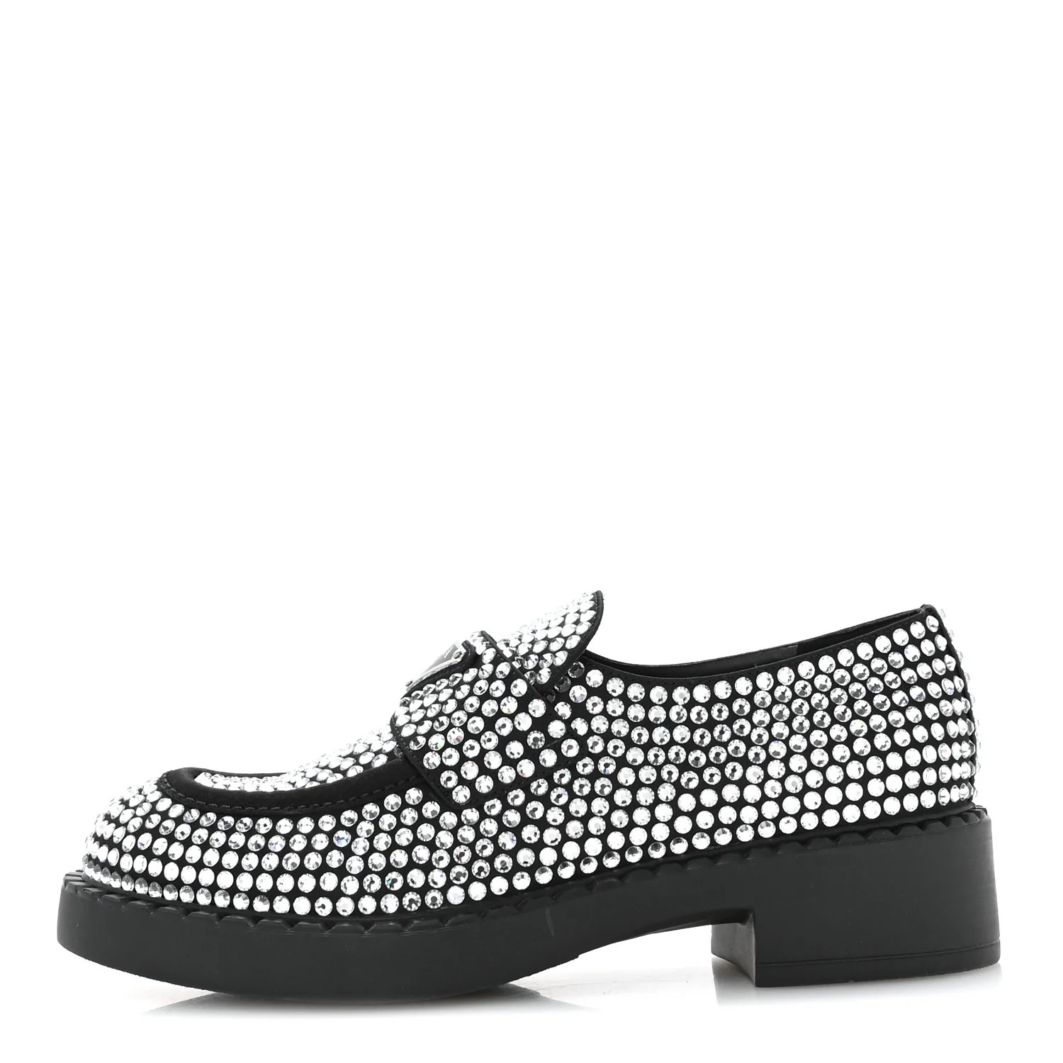 Prada Satin Crystal Metal Triangle Logo 50mm Loafers 36.5 Cristal 1886554 | FASHIONPHILE (US)