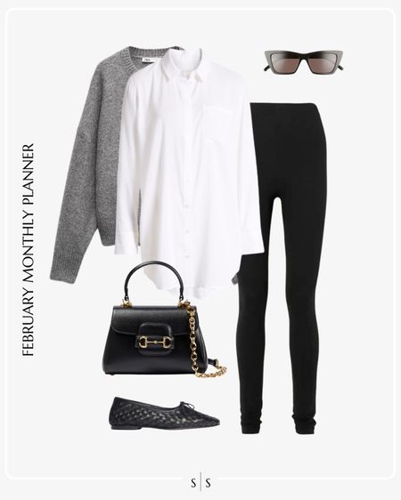Monthly outfit planner: FEBRUARY: Winter looks | grey crew neck sweater, white button down, zip legging, woven ballet flat, satchel, sunglasses 

See the entire calendar on thesarahstories.com ✨ 


#LTKstyletip