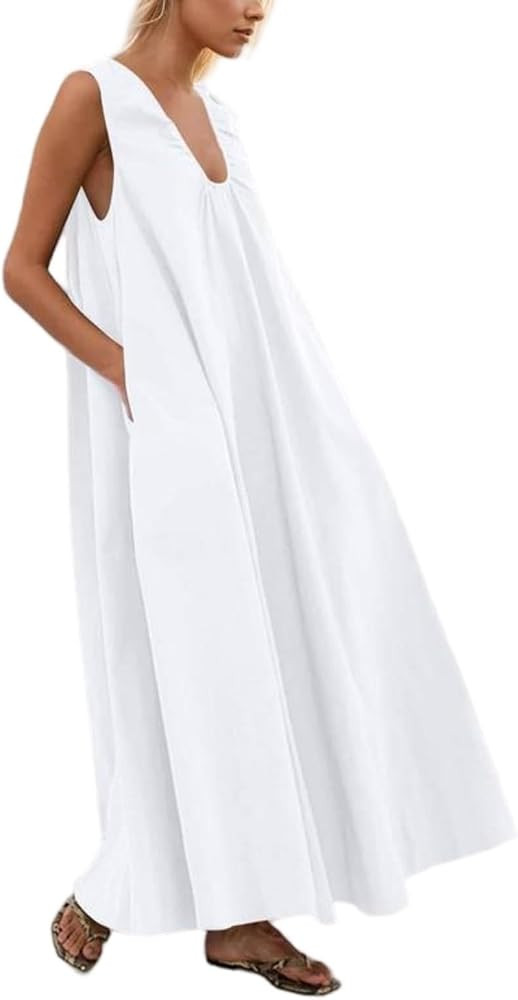 Women's Summer Sleeveless Maxi Dress Casual Loose A Line Smocked Dresses Flowy Beach Sundress wit... | Amazon (US)