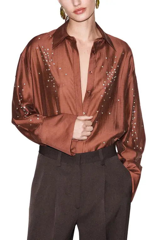 MANGO Rhinestone Detail Satin Button-Up Shirt in Russet at Nordstrom, Size 8 | Nordstrom