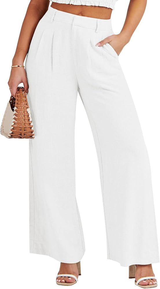 Caracilia Women's Wide Leg Linen Palazzo Pants High Waisted Business Casual Trousers Loose Pleate... | Amazon (US)