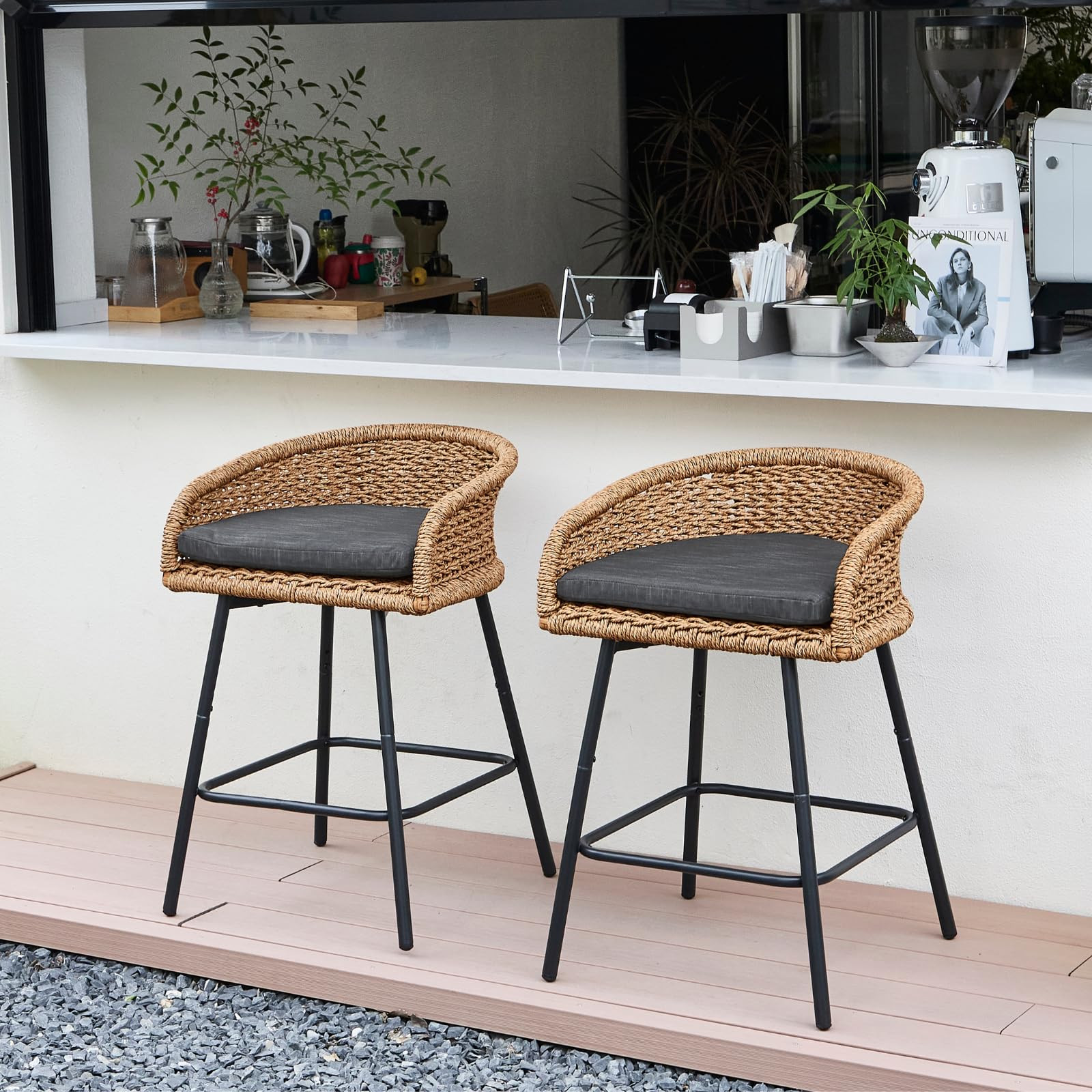 25" Outdoor Counter Height Bar Stools Set of 2, Modern Patio Wicker Bar Chairs with Metal Frame, ... | Amazon (US)