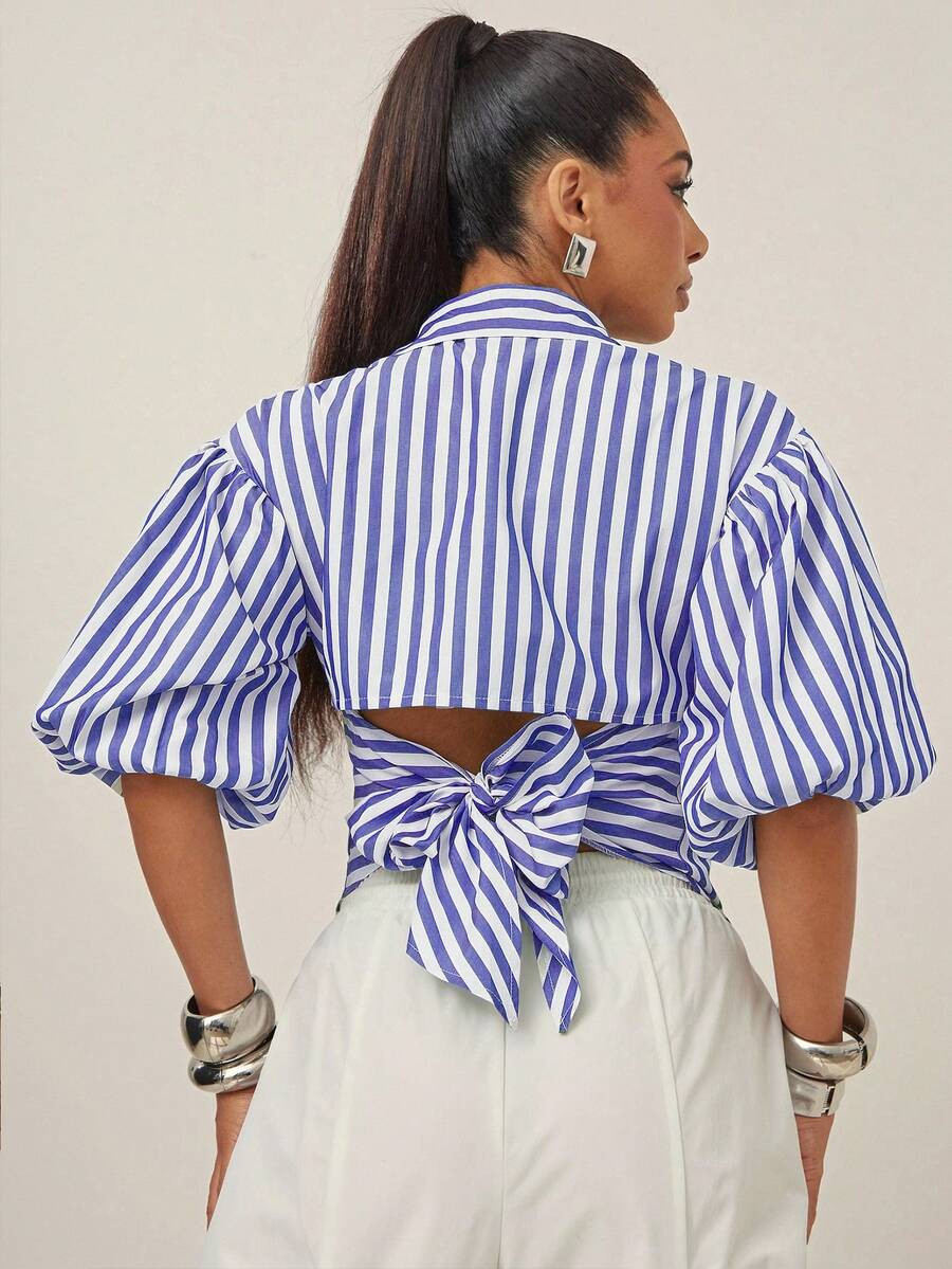 Self Tie Back Collared Button Up Puff Sleeve Top, Business Casual, Office, Bow Shirt, Tie Up Shir... | SHEIN