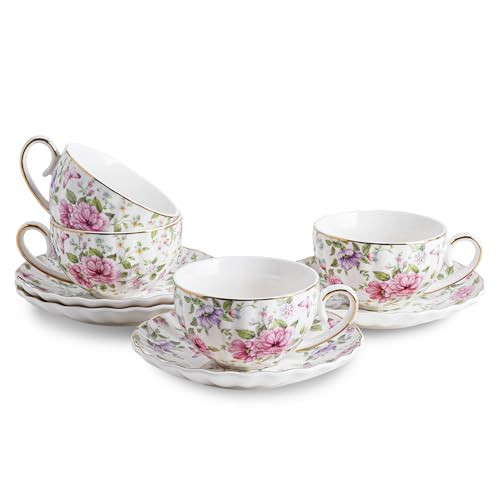 Agyiuns Tea Cup and Saucers, 6.4oz Floral Tea Cups with Gold Trim, Coffee Cappuccino Espresso Latte Mugs for Party Birthday,Christmas Gift (Pink and purple flowers) | Amazon (US)
